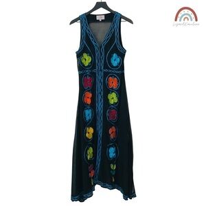Roja Ethnic Bohemian Hand Embroidered Colorful Floral Mesh Side Slits Maxi Dress